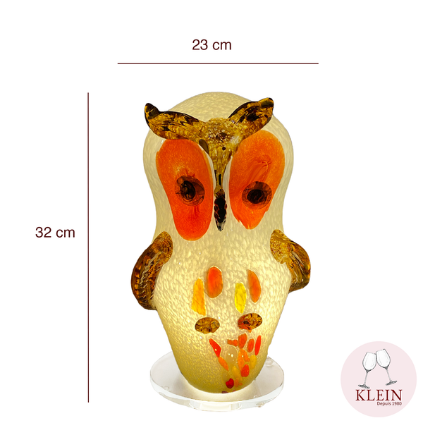 Lampe Chouette en Cristal Blanc et Couleurs vives allumée dimensions