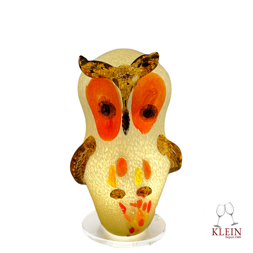 Lampe Chouette en Cristal Blanc et Couleurs vives allumée