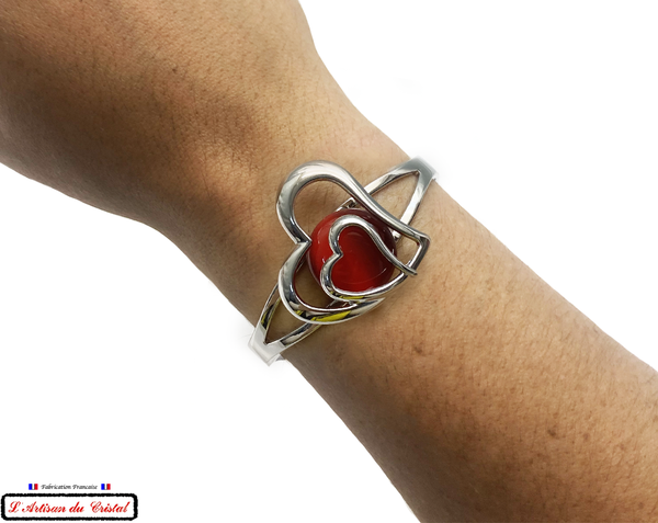 Luxury Women's Bracelet Set "Klein Créateur" Stainless Steel &amp; Crystal: Double Red Heart