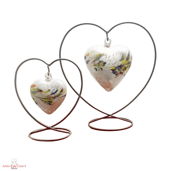Coeur suspendu en cristal moyen et grand modèle. Support acier, coeur cristal blanc
