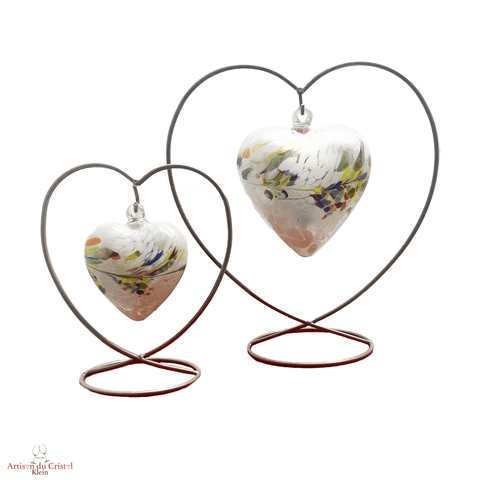 Coeur suspendu en cristal moyen et grand modèle. Support acier, coeur cristal blanc