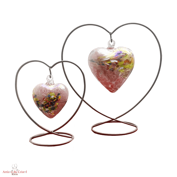Coeur suspendu en cristal moyen et grand modèle. Support acier, coeur cristal rose