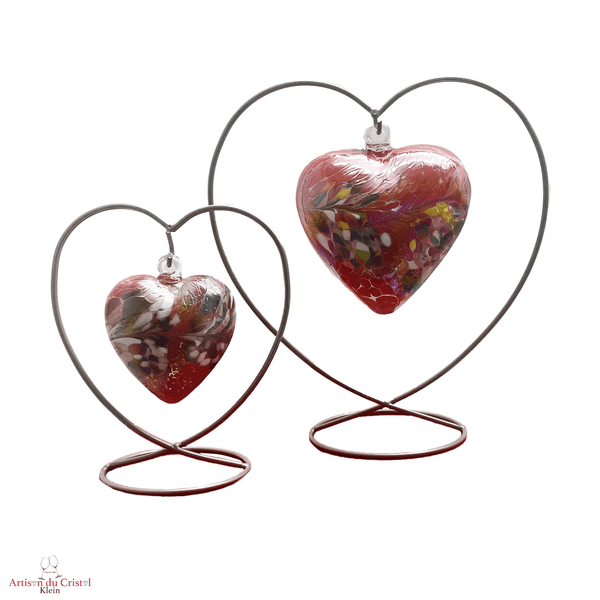 Coeur suspendu en cristal moyen et grand modèle. Support acier, coeur cristal rouge