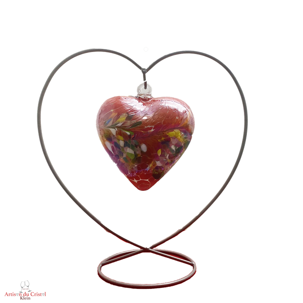 Coeur suspendu en cristal grand modèle. Support acier, coeur cristal rouge