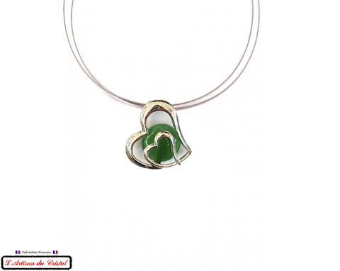 Luxury Box Necklace "Designer Jewelry" Stainless Steel and Crystal Maison Klein : Double Green Heart