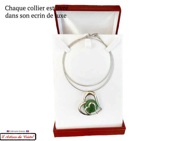 Coffret Luxe Collier Femme "Bijoux Créateur" Acier Inoxydable et Cristal Maison Klein : Double Coeur Vert
