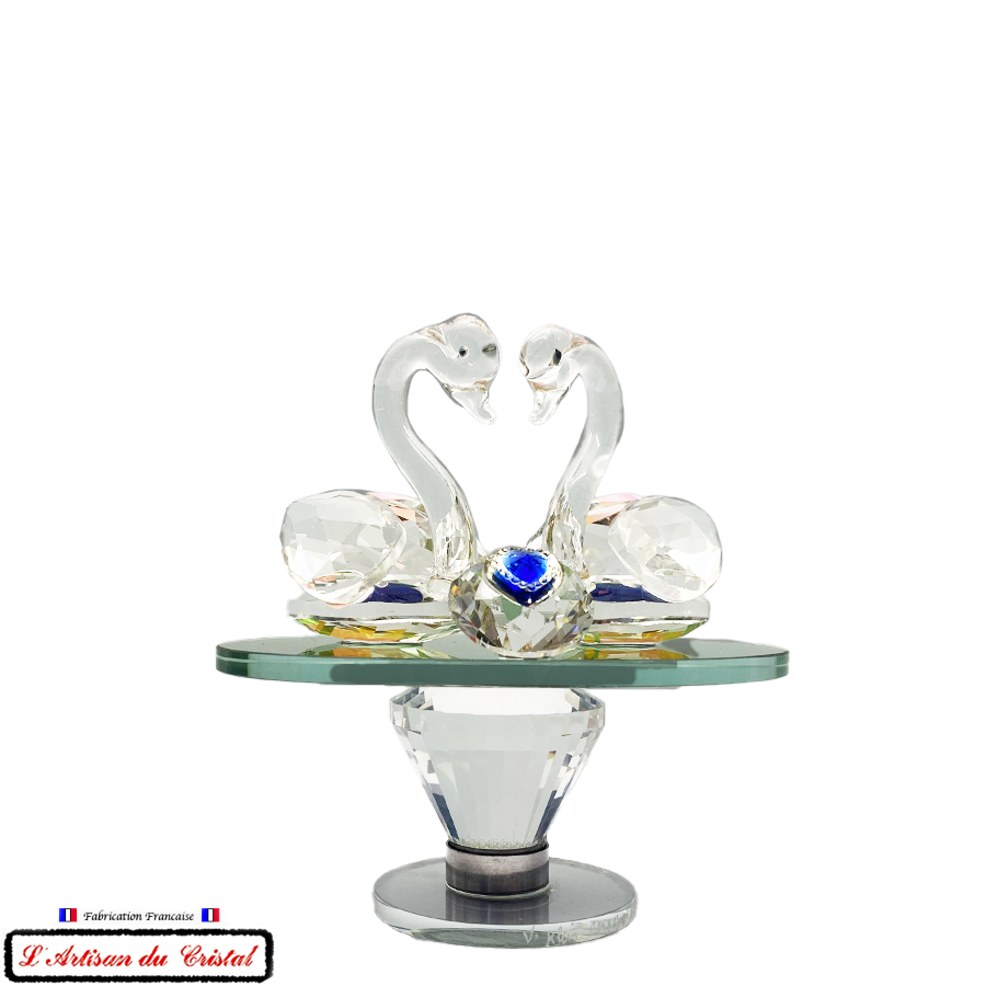 Couple de Cygnes création en Cristal sur Miroir Tournant (10cmx11cm) - Cristallerie Klein