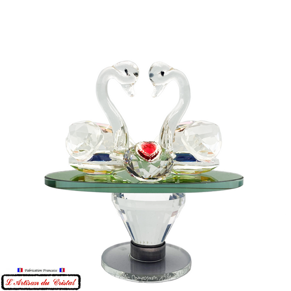 Couple de Cygnes création en Cristal sur Miroir Tournant (10cmx11cm) - Cristallerie Klein