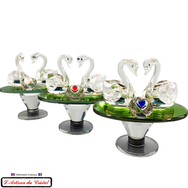 Couple de Cygnes création en Cristal sur Miroir Tournant (10cmx11cm) - Cristallerie Klein
