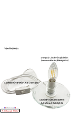 Load image into Gallery viewer, Inclus : Socle en cristal transparent, 1 ampoule Led basse consommation, un câble électrique avec interrupteur. 
