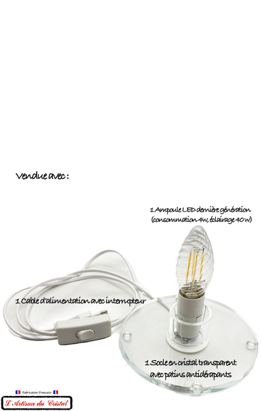 Inclus : 1 ampoule Led dernière génération, 1 socle en cristal, 1 câble d'alimentation