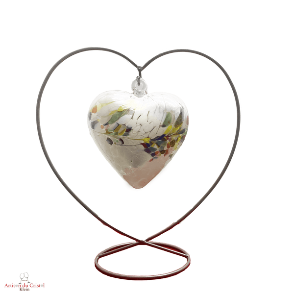 Coeur suspendu en cristal grand modèle. Support acier, coeur cristal blanc