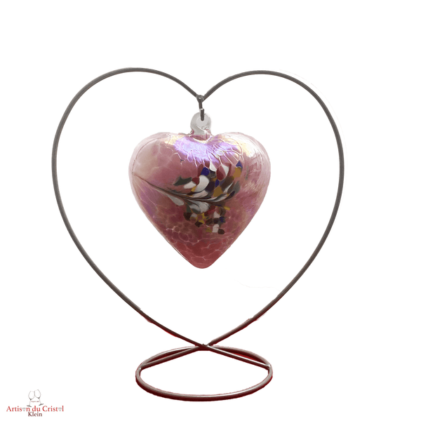 Coeur suspendu en cristal moyen modèle. Support acier, coeur cristal rose clair