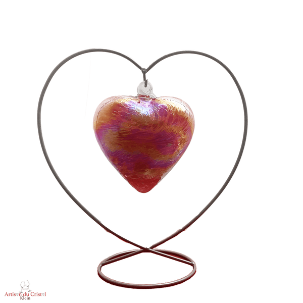 Coeur suspendu en cristal grand modèle. Support acier, coeur cristal rose fuchsia