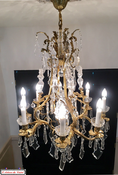 Lustre en Bronze et Cristal Collection Spéciale Negresco : 9 lumières Maison Klein 54120 Baccarat France