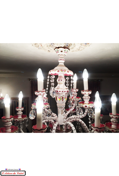 Chandelier Edition Overlay Crystal and Enamel Pink Color : 12 lights Maison Klein 54120 Baccarat France