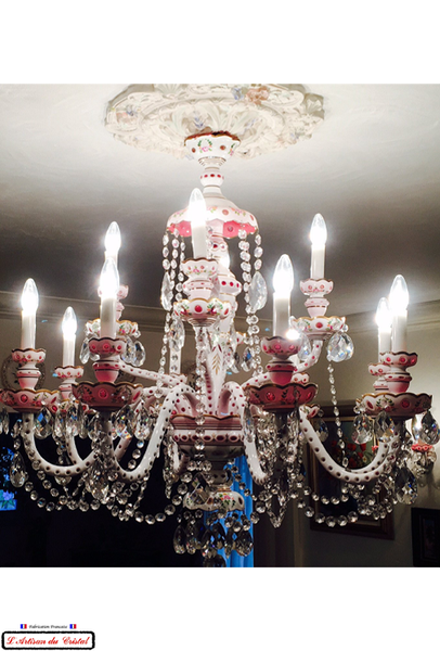 Chandelier Edition Overlay Crystal and Enamel Pink Color : 12 lights Maison Klein 54120 Baccarat France