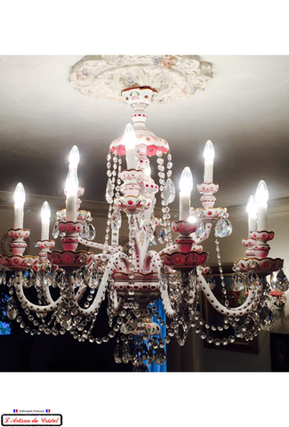 Chandelier Edition Overlay Crystal and Enamel Pink Color : 12 lights Maison Klein 54120 Baccarat France