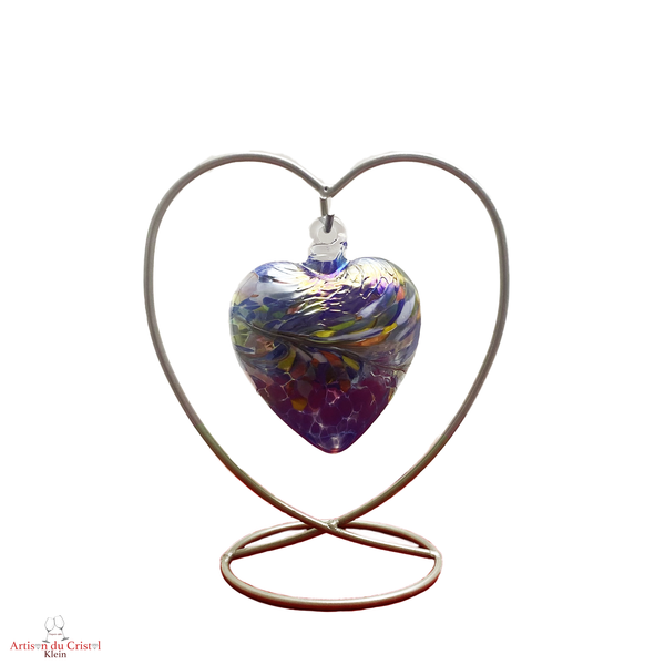 Coeur suspendu en cristal moyen modèle. Support acier, coeur cristal bleu