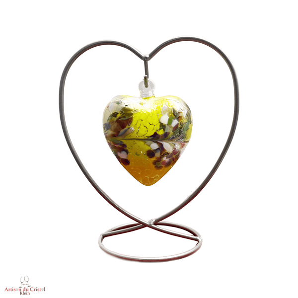 Coeur suspendu en cristal moyen modèle. Support acier, coeur cristal jaune