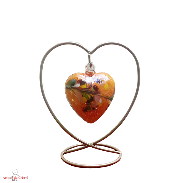 Coeur suspendu en cristal moyen modèle. Support acier, coeur cristal orange