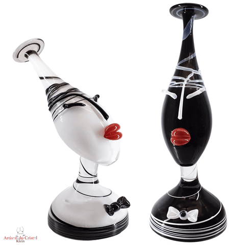 Sculpture Vase 45/50 cm Visage Femme & Homme Blanc & Noir en Cristal Klein