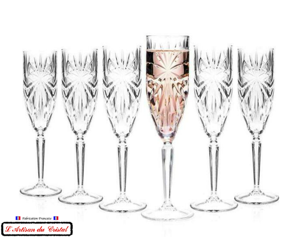 Service Rayon de Soleil : 6 Crystal Champagne Flutes (15 cl) Maison Klein 54120 Baccarat France