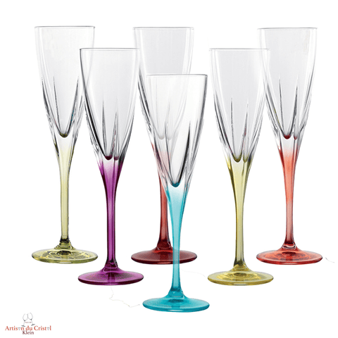 Service arc en ciel 6 flutes à champagnes en cristal, 6 couleurs pastel assorties