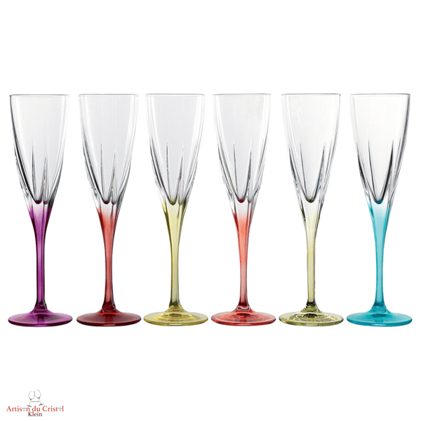 Service arc en ciel 6 flutes à champagnes en cristal détail des couleurs