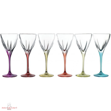 Charger l&#39;image dans la galerie, Service arc en ciel 6 flutes à champagnes en cristal, 6 couleurs pastel assorties détail des 6 couleurs
