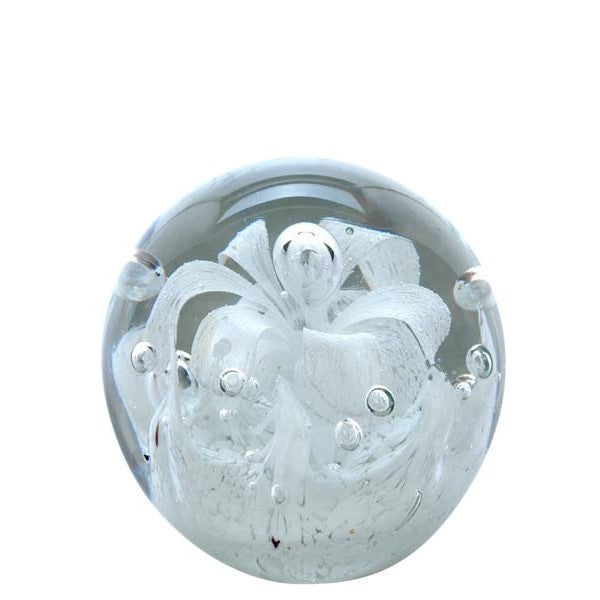 Sulfure en cristal moyen modele. Une base blanche, surplombée d'un motif floral blanc