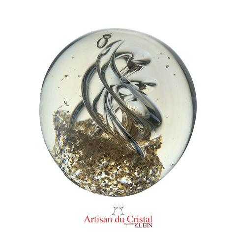 Sulfure en cristal moyen modèle. Une base dorée au reflet de mille couleurs, surplombée d'une spirale opposant la pureté du cristal blanc aux couleurs de l'arc en ciel
